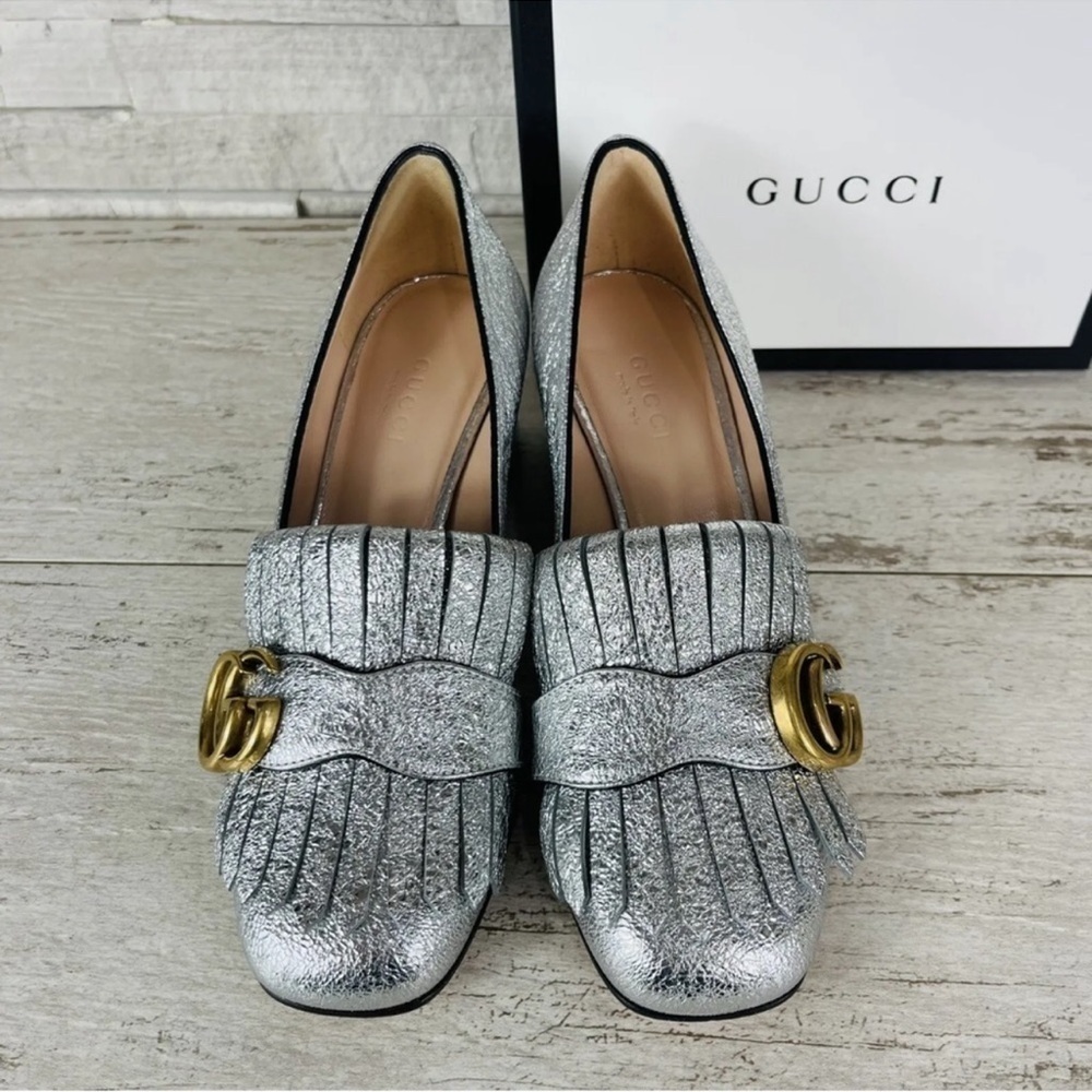 Gucci NEW Size 34 Metallic Silver Marmont GG Fringe Mid Heel Loafer Shoe Pump